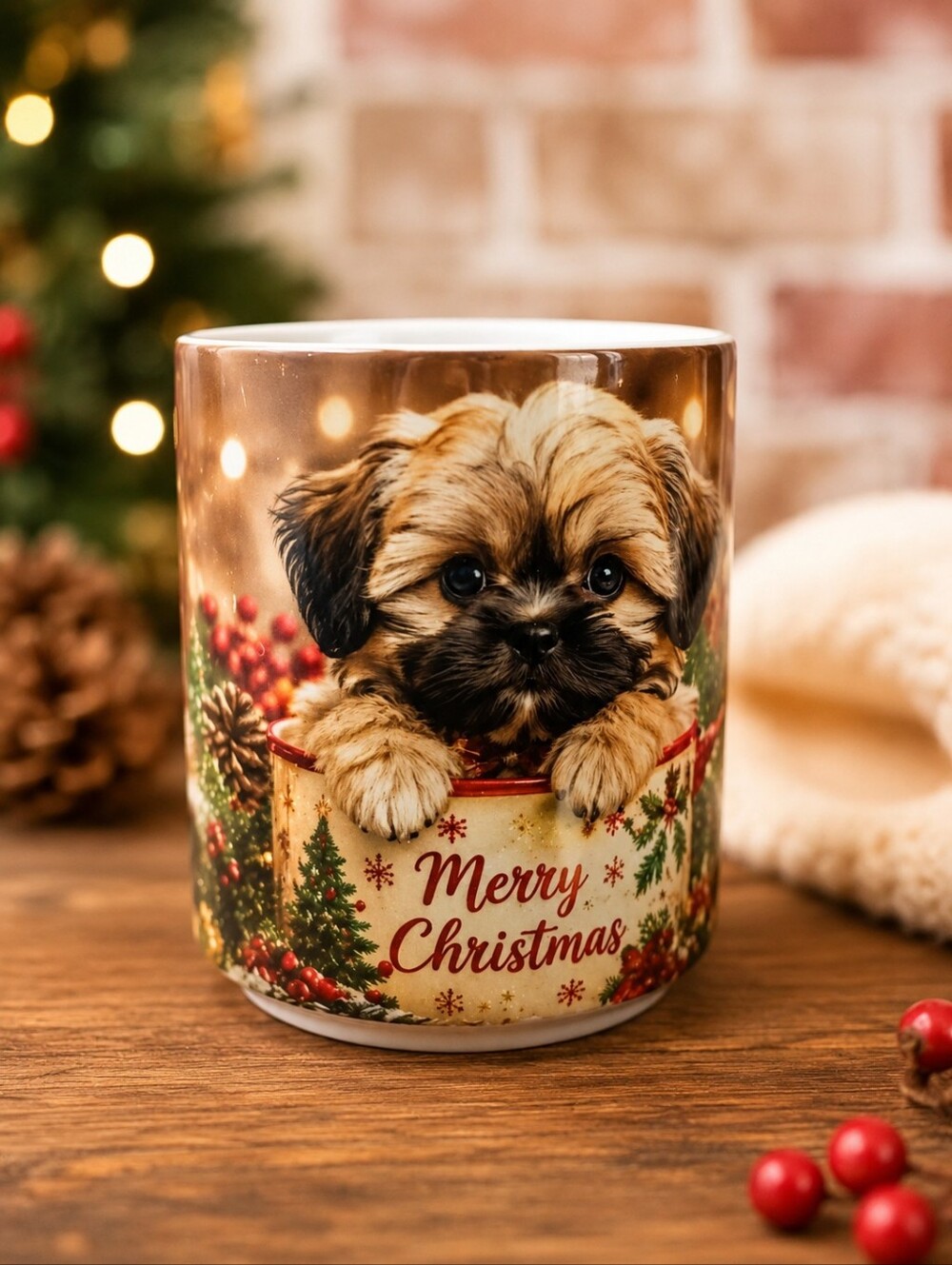 Hand Crafted Brown & Black Puppy "Merry Christmas" Coffee Mug